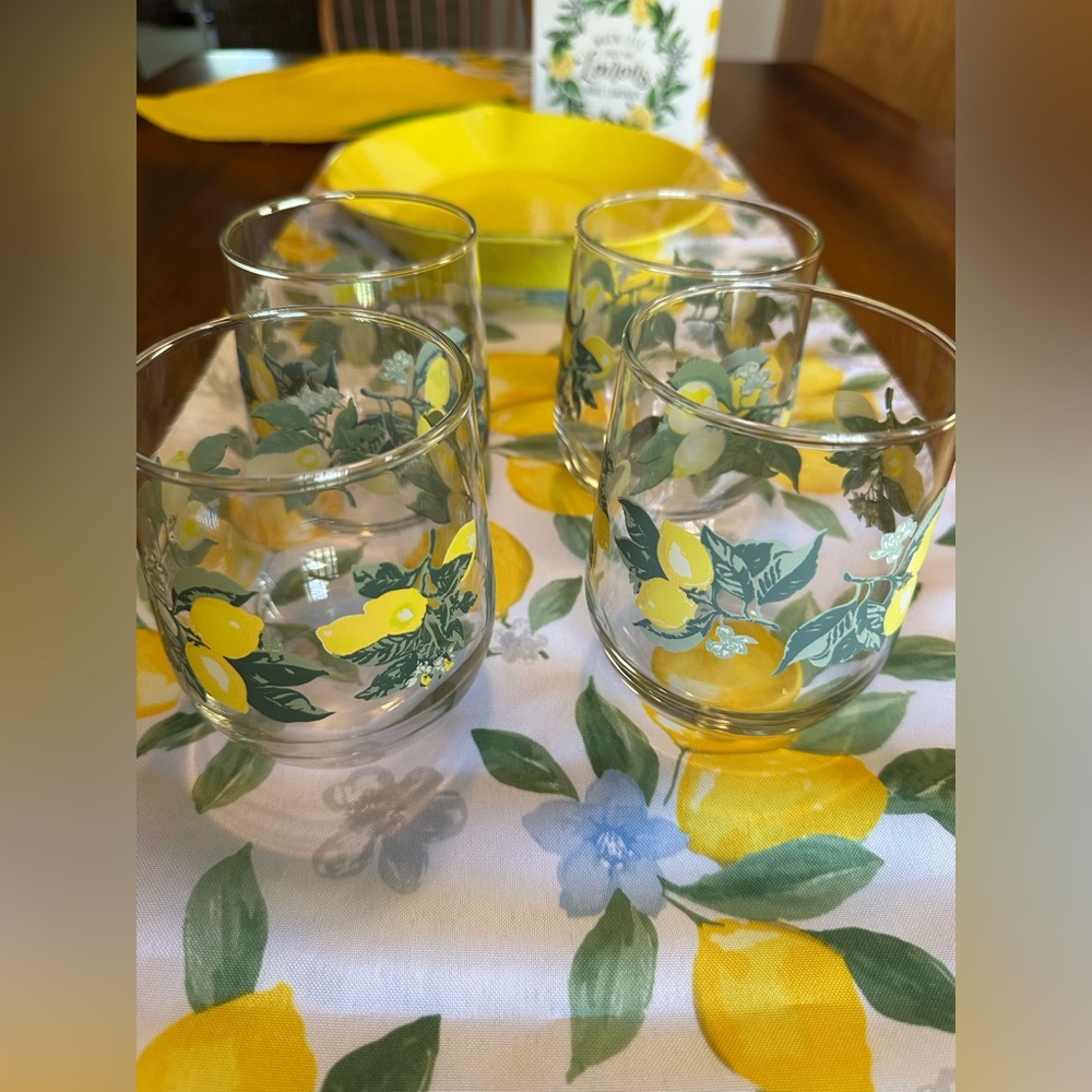 Lemon Citrus Print Stemless Wine Glasses Tumblers Clear, Yellow, Green Set of 4